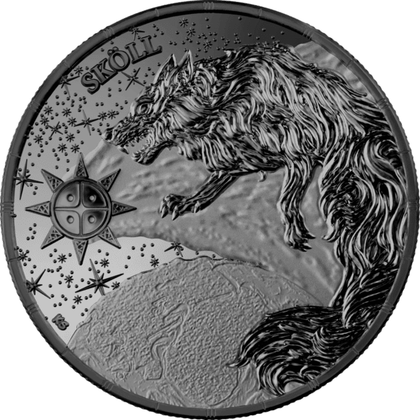 Skoll wolf collectible coin with Norse mythology design, year 2023, intricate wolf engraving and celestial motifs, silver finish, from Greenland.