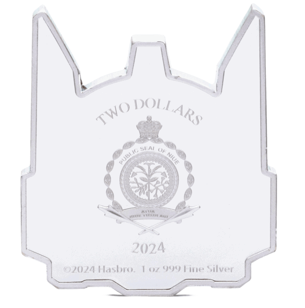 Shaped silver coin featuring the Niue coat of arms, the denomination "Two Dollars," and the year 2024, with decorative edges and finely detailed engravings.