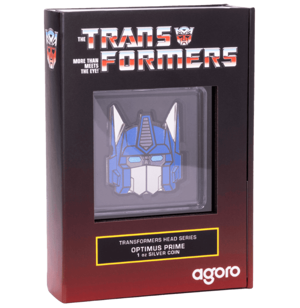 Iconic Transformers Optimus Prime collectible coin in blue and silver, 1 oz silver, in distinctive packaging, from the Transformers Head Series, dated 2023, perfect for collectors and fans alike.