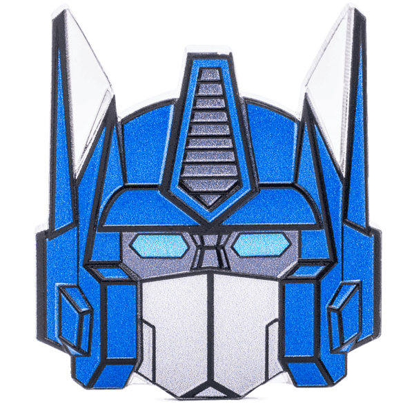 Blue and silver Optimus Prime Transformer head enamel collectible pin with geometric design.