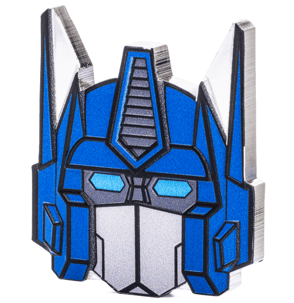 Colorful robotic transformer design collectible coin, 2023, blue, silver, black detailing, geometric pattern, pixel art style.
