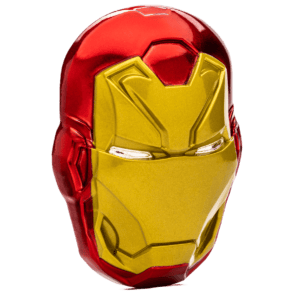 Side view of the 2024 Niue Marvel Iron Man Helmet 5oz Silver Proof Shaped Coin, showing its unique contours