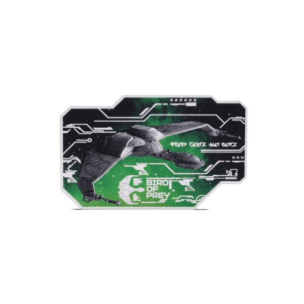 Bird of Prey 2023 coin featuring a detailed image of a spaceship from the sci-fi franchise, with green and black circuit-like designs.