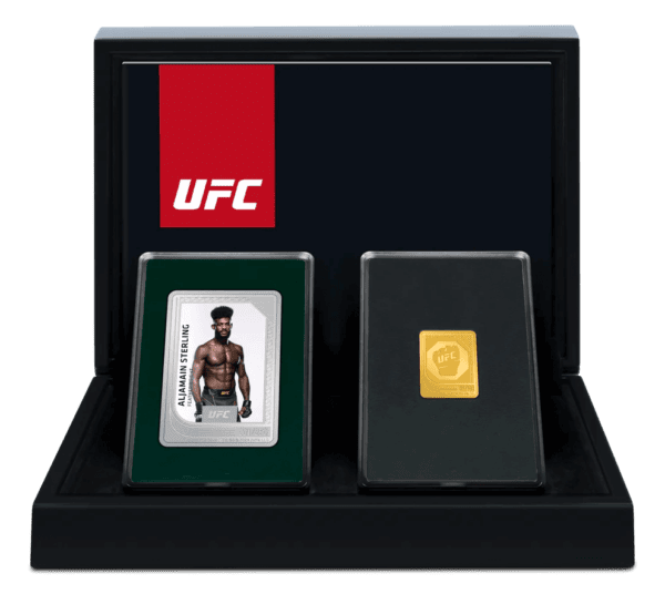 UFC collectible coin set in a display case featuring a gold and silver coin, with a UFC logo and an athlete card of Ali Main Sterling.