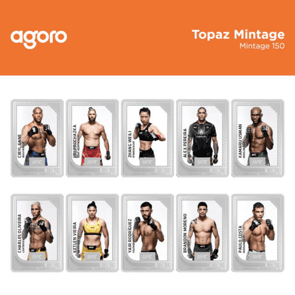 UFC collectible fighters topaz mintage 150 coin pack, featuring mixed martial arts fighters with detailed engravings and unique serial numbers.