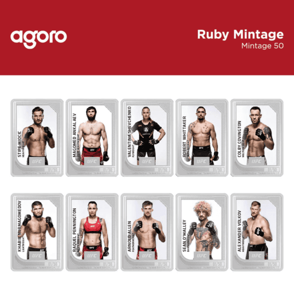 UFC collectible coin featuring 2024 Ruby Mintage 50 with top fighters and fighters, detailed portraits, and signatures on silver coins. Perfect for UFC fans and collectors.
