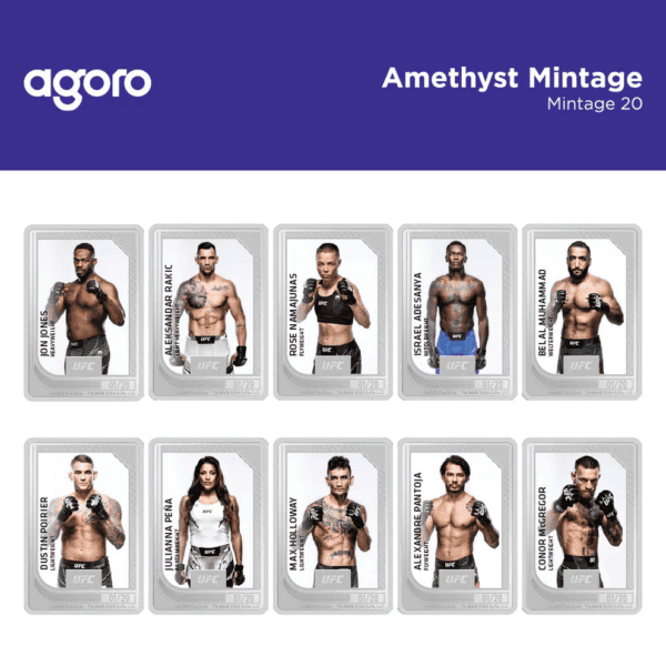 "UFC collectible coins featuring fighters from the UFC roster, including illustrated portraits with names and weight classes, issued for commemorative and memorabilia purposes.".