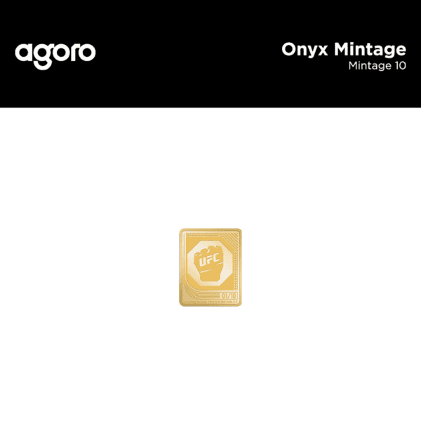 UFC Onyx Mintage 10 gold collectible coin featuring a clenched fist logo, numbered 01/10, crafted with detailed design, ideal for UFC fans and collectors.