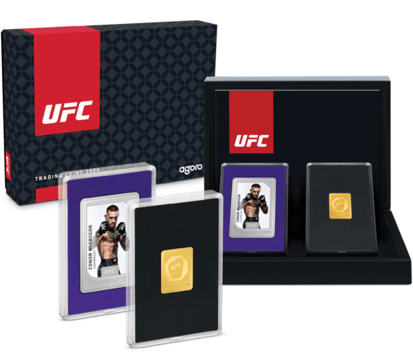 UFC Conor McGregor 2024 collectible gold and trading coins in display case with packaging.