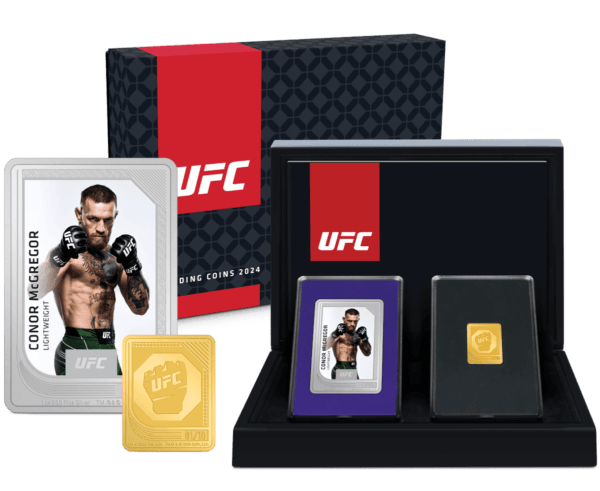 Conor McGregor UFC collectible coin set, 2024, in special presentation box, featuring engraved silver and gold coins portraying the lightweight fighter.