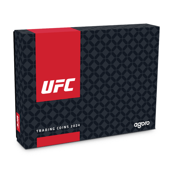 UFC 2024 trading coins collectible set by Agoro, black and red packaging, official UFC branded coin packaging.