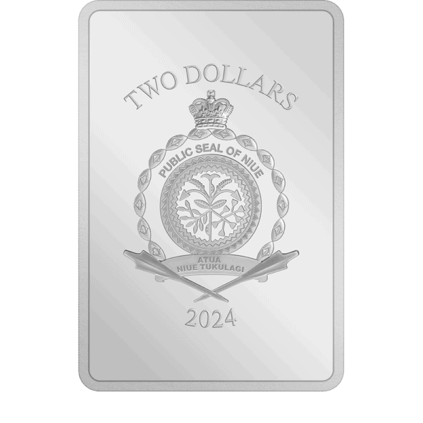 Two Dollar coin featuring the Public Seal of Niue, 2024, silver collectible coin with intricate emblem design and official markings.