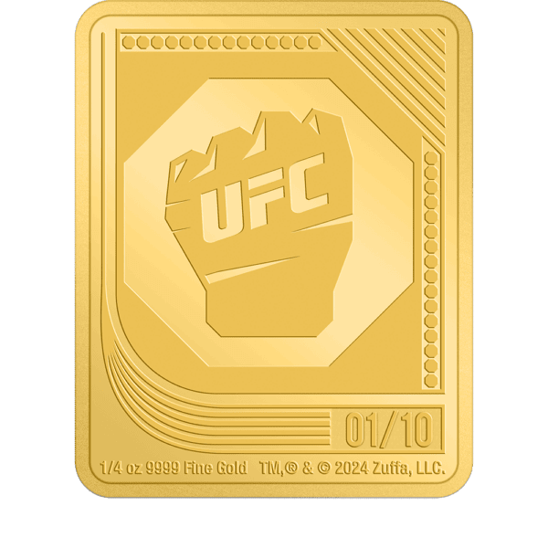 Gold collectible coin featuring UFC logo, 1/4 oz fine gold, limited edition 01/10, minted by Zuffa LLC in 2024.