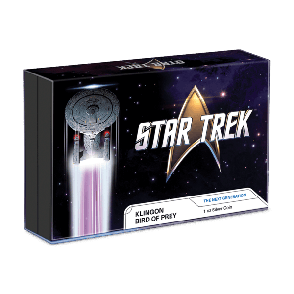 STAR TREK Klingon Bird of Prey collectible silver coin, 1 oz, featuring iconic spacecraft from the sci-fi series, perfect for Star Trek fans and coin collectors alike.