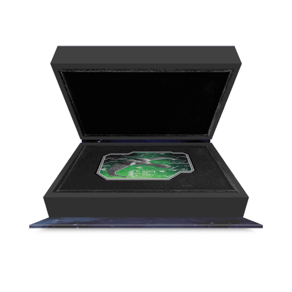 3. Silver and green collectible coin from 2023, featuring a futuristic design with circuit patterns and the text "EURO PREY", displayed inside an elegant presentation box.