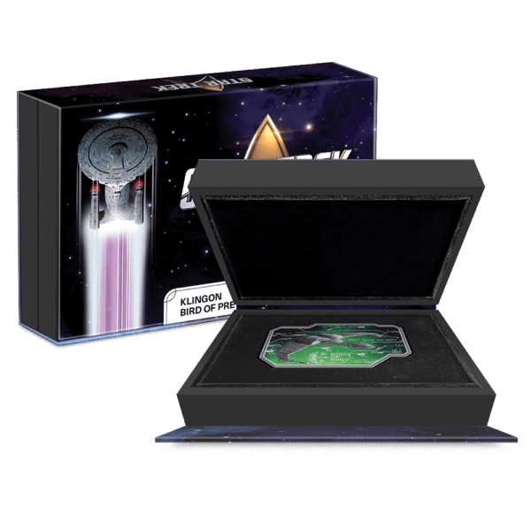 Klingon Bird of Prey sci-fi collectible coin from Star Trek series, encased in display box for collectors.