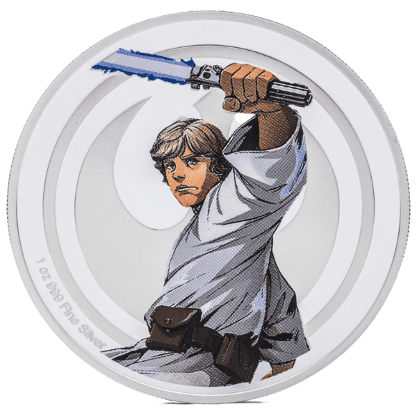 The 2024 Star Wars Luke Skywalker vs Darth Vader 1 oz Silver Colorized Proof Medallion, featuring a detailed, colorized image of Luke Skywalker holding his blue lightsaber."