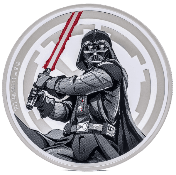 The 2024 Star Wars Luke Skywalker vs Darth Vader 1 oz Silver Colorized Proof Medallion, featuring a detailed, colorized image of Darth Vader holding his red lightsaber.