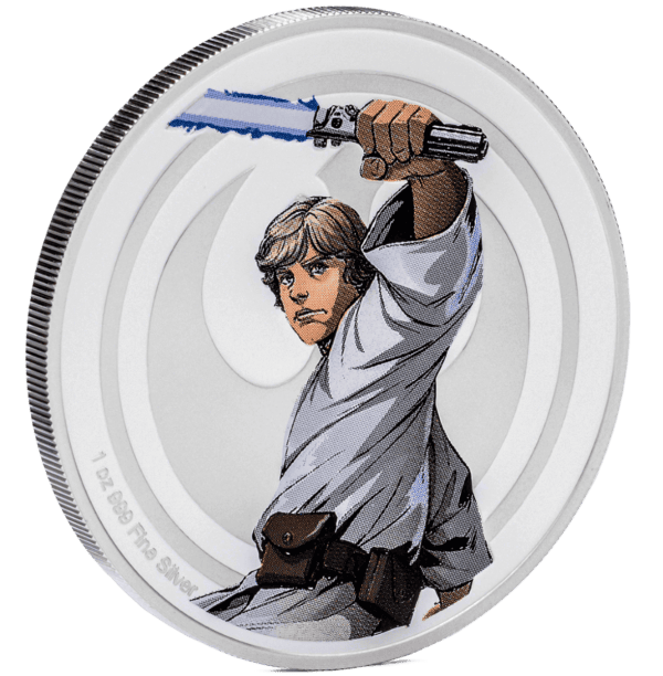 The 2024 Star Wars Luke Skywalker vs Darth Vader 1 oz Silver Colorized Proof Medallion, showcasing both Luke Skywalker and Darth Vader on their respective sides, as if in a mirrored or two-sided display.