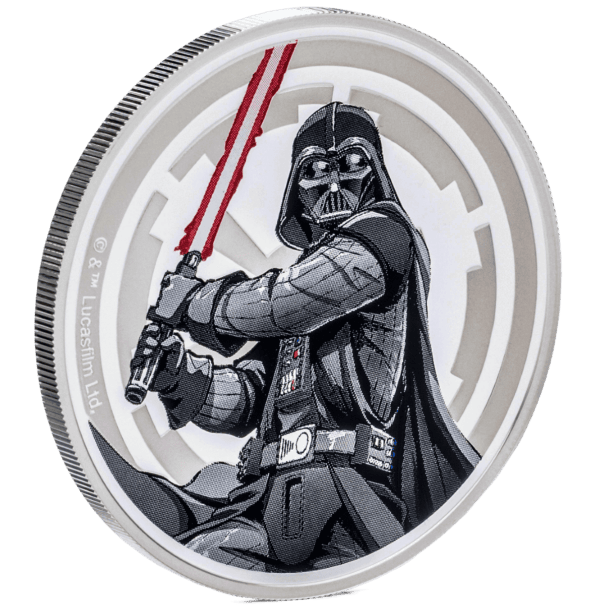 The 2024 Star Wars Luke Skywalker vs Darth Vader 1 oz Silver Colorized Proof Medallion, displaying the Darth Vader side with the Imperial crest visible."