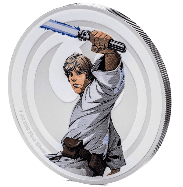 The 2024 Star Wars Luke Skywalker vs Darth Vader 1 oz Silver Colorized Proof Medallion, displaying the Luke Skywalker side with the Alliance crest visible.