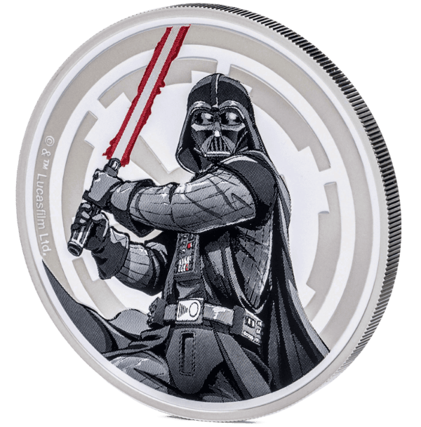 The 2024 Star Wars Luke Skywalker vs Darth Vader 1 oz Silver Colorized Proof Medallion, displaying the Darth Vader side from a slightly different angle, highlighting the red lightsaber and Imperial crest.
