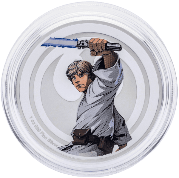 The 2024 Star Wars Luke Skywalker vs Darth Vader 1 oz Silver Colorized Proof Medallion, displaying the Luke Skywalker side from a slightly different angle, highlighting the blue lightsaber and Rebel Alliance crest.