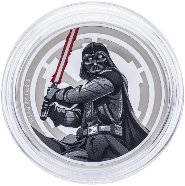 The 2024 Star Wars Luke Skywalker vs Darth Vader 1 oz Silver Colorized Proof Medallion, displaying the Darth Vader side from a straight-on angle, highlighting the red lightsaber and Imperial crest.