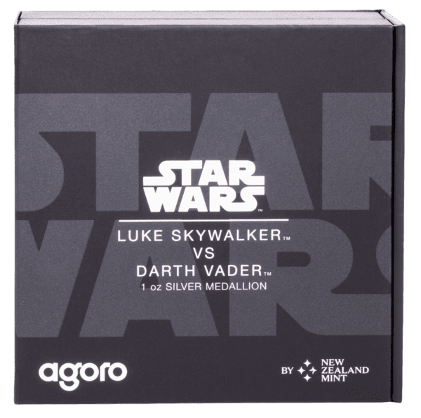 The closed presentation box for the 2024 Star Wars Luke Skywalker vs Darth Vader 1 oz Silver Colorized Proof Medallion, featuring the Star Wars logo and character names.