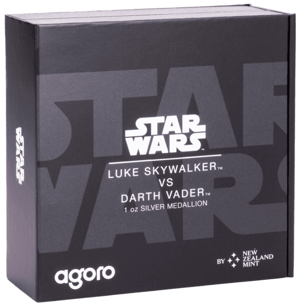 "A slightly angled view of the closed presentation box for the 2024 Star Wars Luke Skywalker vs Darth Vader 1 oz Silver Colorized Proof Medallion, featuring Star Wars branding.