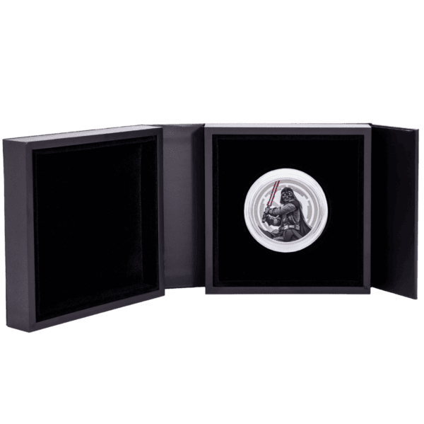 The 2024 Star Wars Luke Skywalker vs Darth Vader 1 oz Silver Colorized Proof Medallion displayed open in its black presentation box, showing the medallion nestled inside.