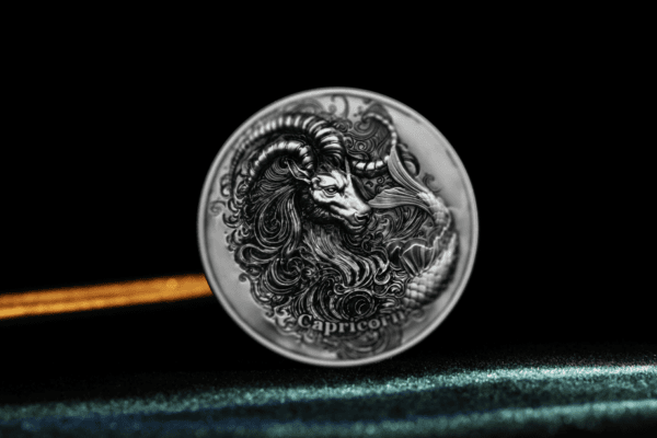 Silver zodiac coin with capricorn emblem, detailed lion figure, astrology themed collectible coin, 2023, silver finish, Capricorn constellation design.