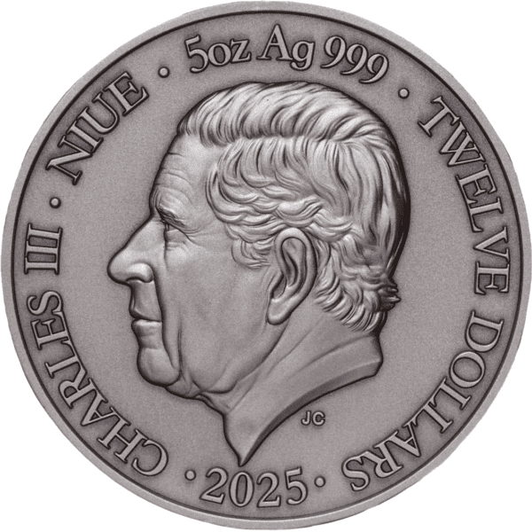 Shallow relief image of a 2025 Swiss two franc coin featuring a side profile of a man with detailed hair and facial features, inscriptions include country, denomination, year, and metal content.