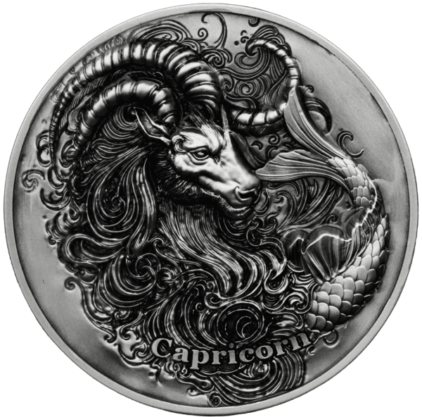 Silver Capricorn zodiac sign coin, year 2023, intricate design with a goat and zodiac symbols, collectible astrology themed silver coin.