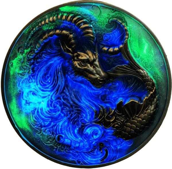 Intricate Capricorns zodiac coin featuring a detailed goat head with swirling blue and green background, limited edition collectible for astrological enthusiasts.