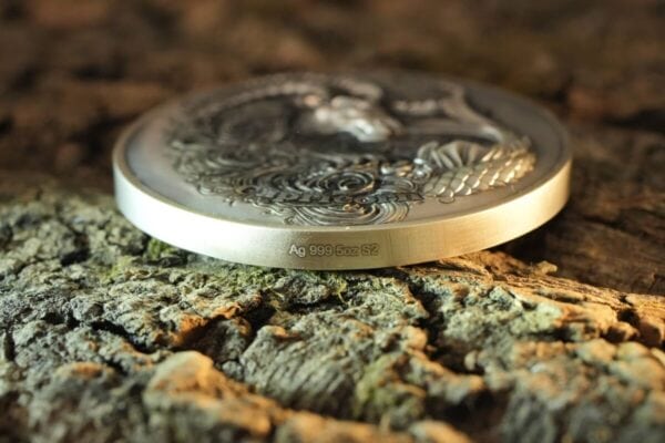 Ag 999 5oz S2 silver collectible coin with intricate dragon design on textured tree bark surface.