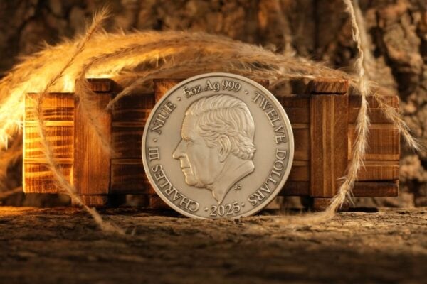 Chinese III 2025 silver coin featuring Sun Yat-sen, 0.5 oz Ag, .999 fine, with a portrait of Sun Yat-sen, placed against a wooden background with autumnal lighting.