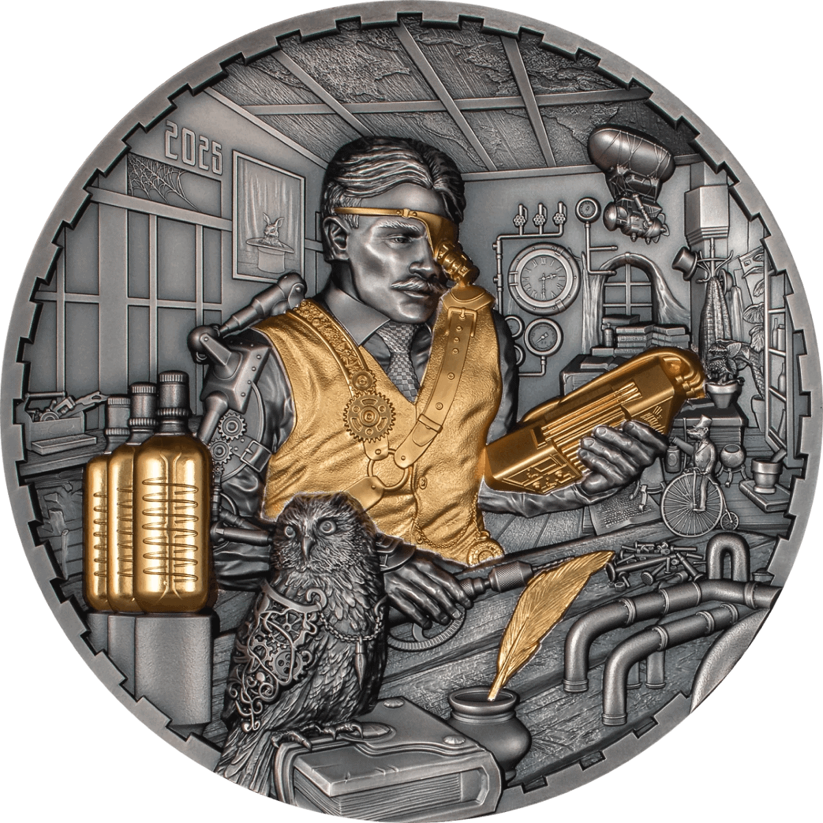 Intricate silver and gold collectible coin featuring a scientist with a microscope, owl, and laboratory tools, dated 2025, emphasizing scientific innovation and exploration.