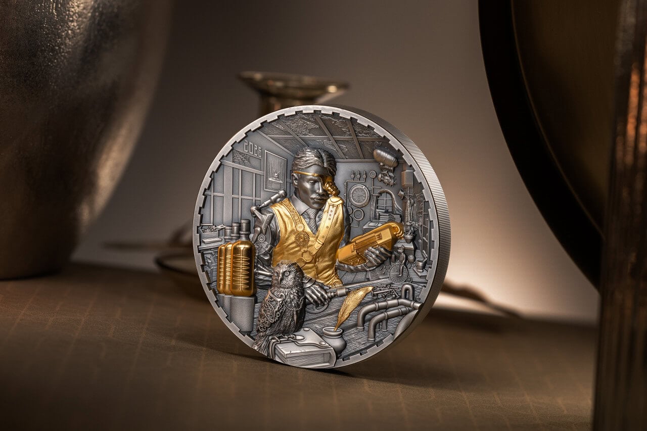 1920s USA Coin with intricate design featuring a scientist, gold accents, and scientific equipment, showcasing craftsmanship and historical significance.