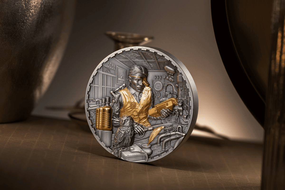 High-detail collectible coin featuring a scientist in a laboratory scene, with gold accents on the scientist's clothing and tools, set against a textured metallic background.