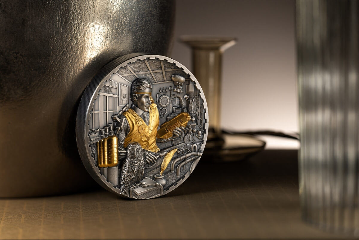 Highly detailed collectible coin with a gold and silver finish, featuring a scientist or inventor surrounded by laboratory tools and scientific symbols, signifying innovation and discovery.
