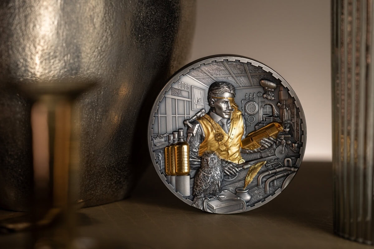 Intricate commemorative coin featuring a scientist with lab equipment, celebrating innovation and scientific progress, with detailed background elements in silver and gold accents.