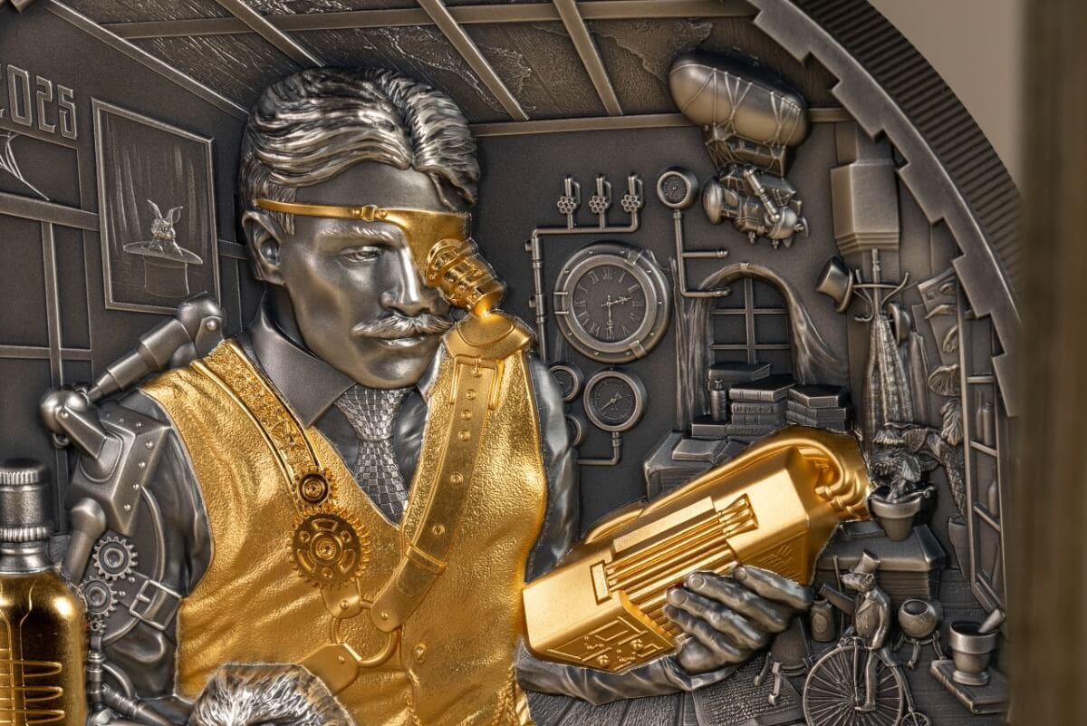 Intricate collectible coin featuring a scientist with steampunk design, detailed machinery, and scientific tools, emphasizing innovation and discovery.