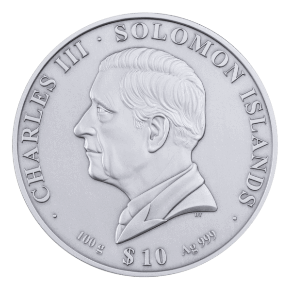 Reverse side of the 2025 Solomon Islands 100 gram silver coin, featuring the effigy of Queen Elizabeth II.