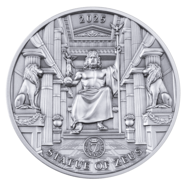 2025 Solomon Islands 100 gram silver multiple-layered coin featuring the Statue of Zeus on the obverse.
