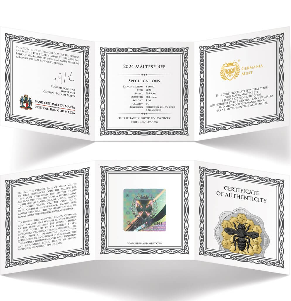5. 2024 Maltese Bee 5 Euro Silver Coin, minted by Germany Mint, featuring a yellow gold and ruthenium finish with detailed specifications and limited edition status.