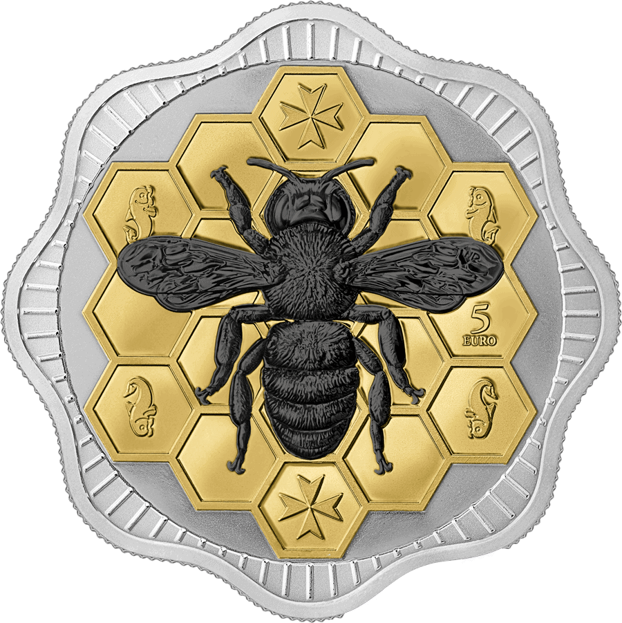 Golden and silver collectible coin featuring a detailed bee design with hexagon honeycomb background, marked with denominations and intricate symbols.