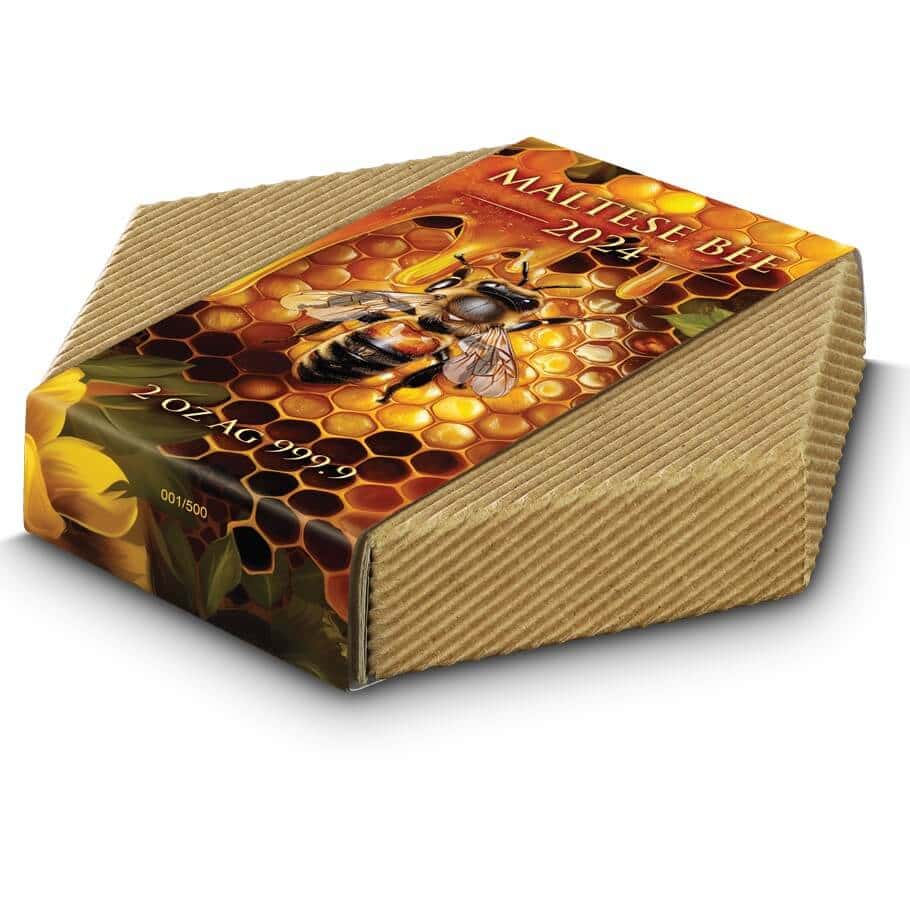 Maltese Bee 2024 collectible coin packaging with detailed honeycomb and bee illustration, limited edition 1/500 from GR Reserve.