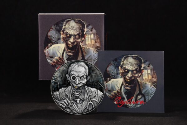 Zombie doctor collectible coin, 2023, USA, halloween, horror, limited edition, intricately engraved, detailed zombie design, ghostly doctor motif.