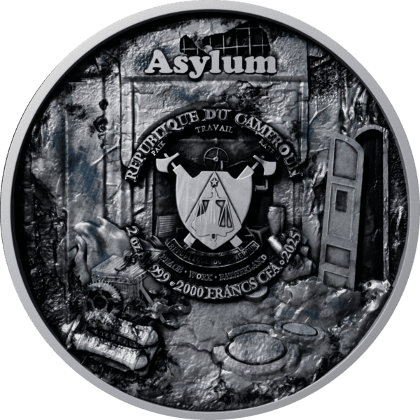 Abyssal themed collectible Cameroon coin featuring a shield emblem, tools, and underground scene, dated 2025, with inscriptions "Republique du Cameroun" and "2000 Francs CFA.".